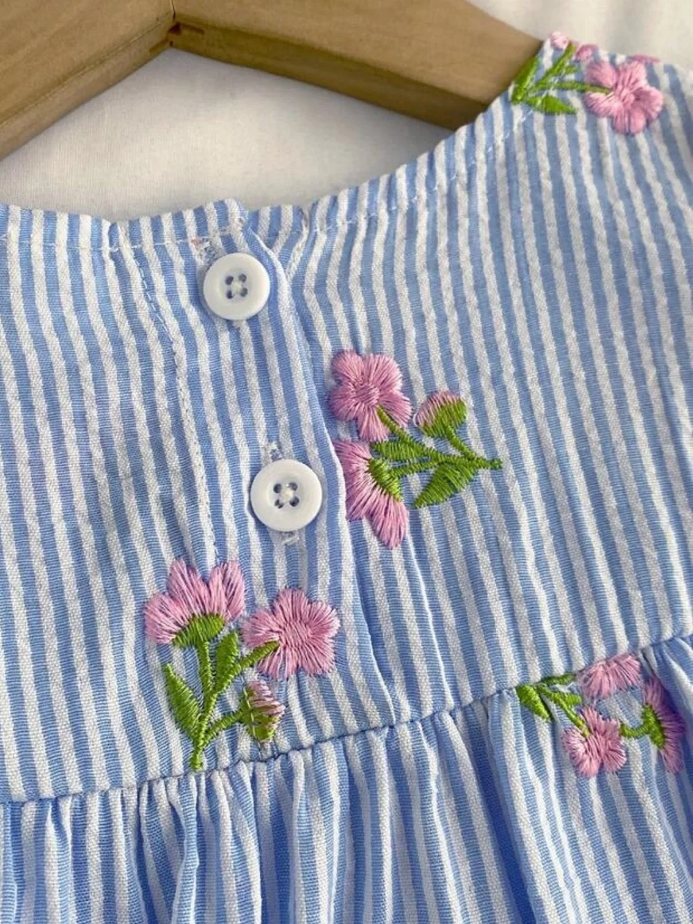 Toddler Blue White Seersucker Embroidered Pink Flowers Lace Ruffle Sleeve Dress